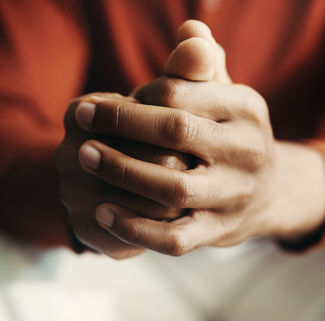 Hands, man and worry as stress, anxiety and nervous for mental health, wellness and burnout for help. Person, mistake and frustrated in psychology for depression, therapy and conflict in consultation.