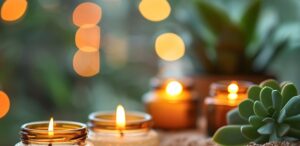 Warm candlelight therapy setting essential oils and a soft focus background ample copy space