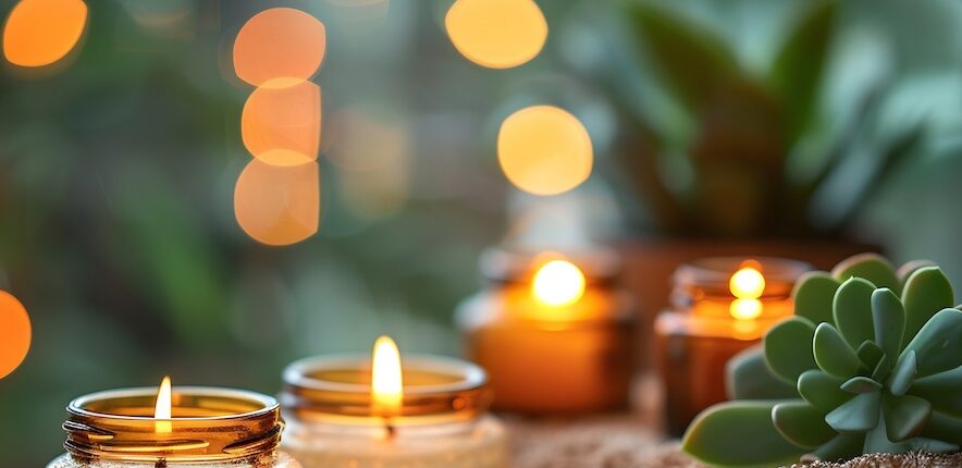 Warm candlelight therapy setting essential oils and a soft focus background ample copy space