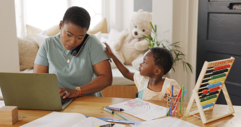 Laptop, phone call and busy mother with kid for work from home, child education care and administration management job in living room. Productivity, cellphone and black woman mom with baby attention.
