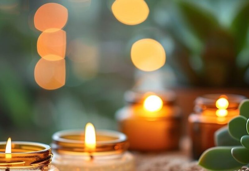 Warm candlelight therapy setting essential oils and a soft focus background ample copy space
