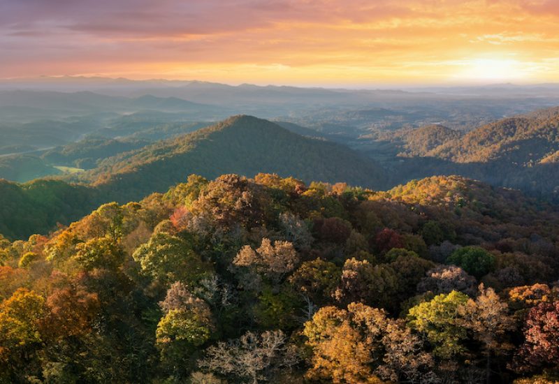 Wooded sunset hills of the Appalachian Mountains in North Carolina with lush and evergreen forest trees in the fall season. Beauty of autumnal nature.